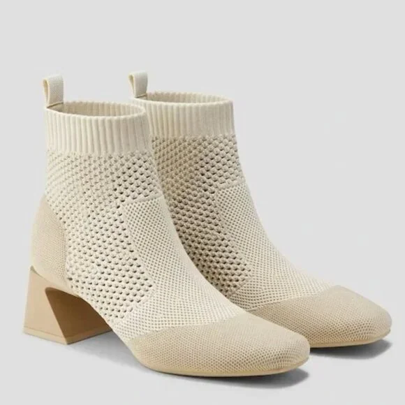 Vivaia Melissa Square-Toe Perforated Heeled Sock Boots in Oatmilk - Picture 4 of 6